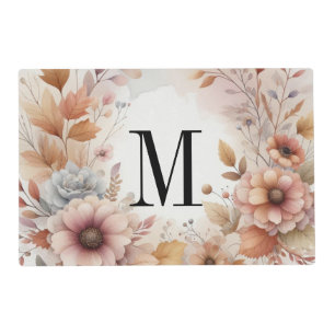 Monogram Fall leaves and flowers watercolor Placemat