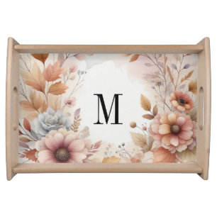 Monogram Fall leaves and flowers watercolor Serving Tray