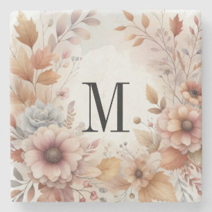 Monogram Fall leaves and flowers watercolor Stone Coaster