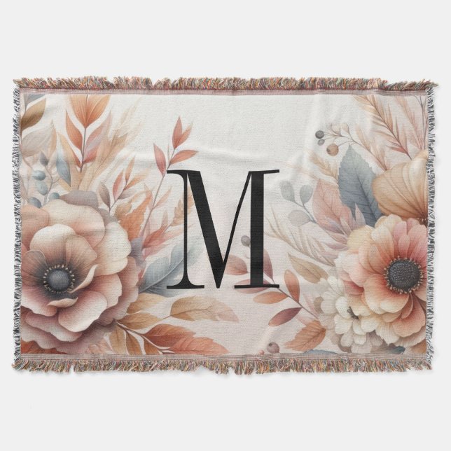 Monogram Fall leaves and flowers watercolor  Throw Blanket (Front)