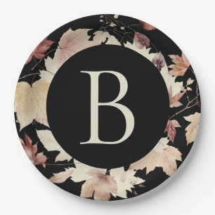 Monogram Fall Leaves Black  Thanksgiving  Paper Plates