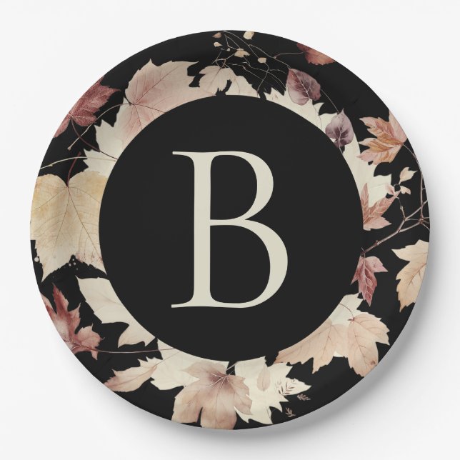 Monogram Fall Leaves Black  Thanksgiving  Paper Plates (Front)