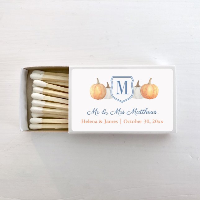 Monogram Fall Navy And Orange Wedding Matchboxes (Preppy watercolor orange and white pumpkins monogram wedding matches)