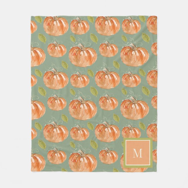 Monogram Fall Pumpkin Pattern Fleece Blanket (Front)