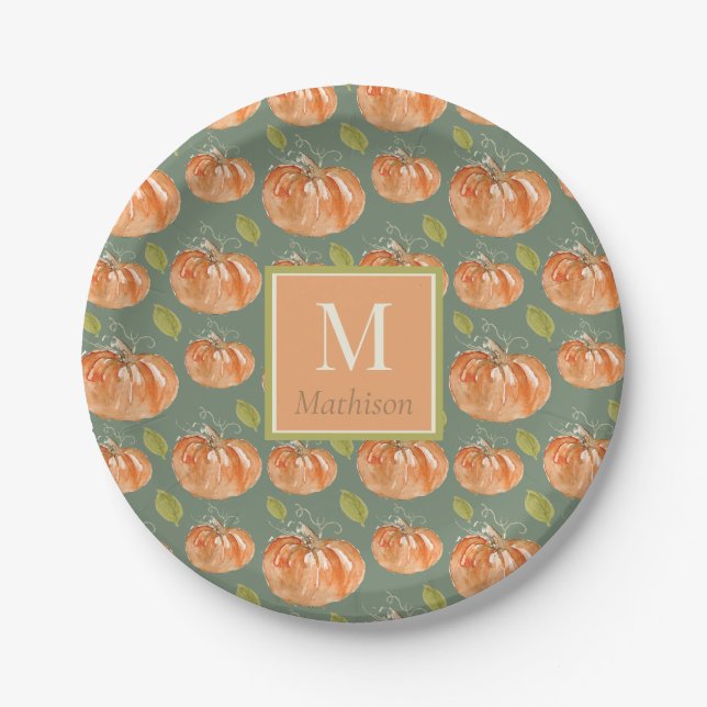 Monogram Fall Pumpkin Pattern Paper Plates (Front)