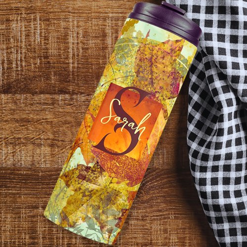 Monogram Fall Rustic Golden Maple Leaf Thermal Tumbler