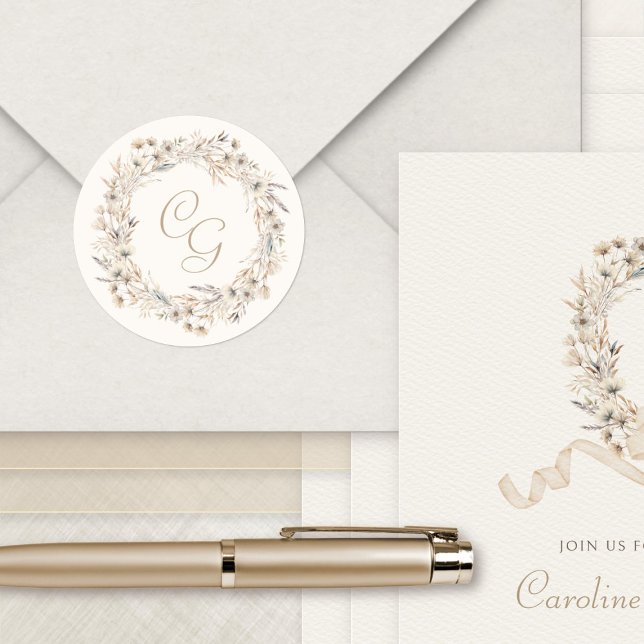 Monogram Fall Wildflowers Elegant Wedding Classic Round Sticker (Creator Uploaded)