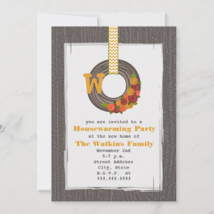 Monogram Fall Wreath Wood Inspired Housewarming Invitation
