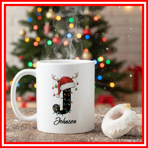 Monogram Family Christmas Antlers Santa Hat PHOTO Coffee Mug