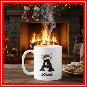 Monogram Family Christmas Antlers Santa Hat PHOTO Coffee Mug