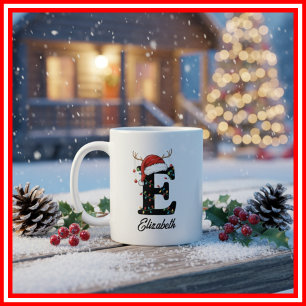 Monogram Family Christmas Antlers Santa Hat PHOTO Coffee Mug