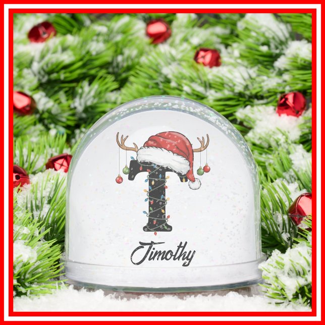 Monogram Family Christmas Antlers Santa Hat PHOTO Snow Globe (Creator Uploaded)