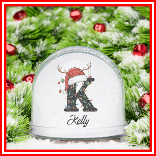Monogram Family Christmas Antlers Santa Hat PHOTO Snow Globe