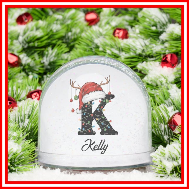 Monogram Family Christmas Antlers Santa Hat PHOTO Snow Globe (Creator Uploaded)