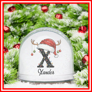 Monogram Family Christmas Antlers Santa Hat PHOTO Snow Globe