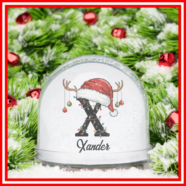 Monogram Family Christmas Antlers Santa Hat PHOTO Snow Globe (Creator Uploaded)