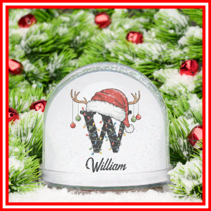 Monogram Family Christmas Antlers Santa Hat PHOTO Snow Globe