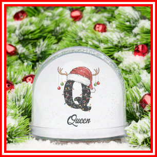 Monogram Family Christmas Antlers Santa Hat PHOTO Snow Globe