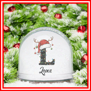 Monogram Family Christmas Antlers Santa Hat PHOTO Snow Globe
