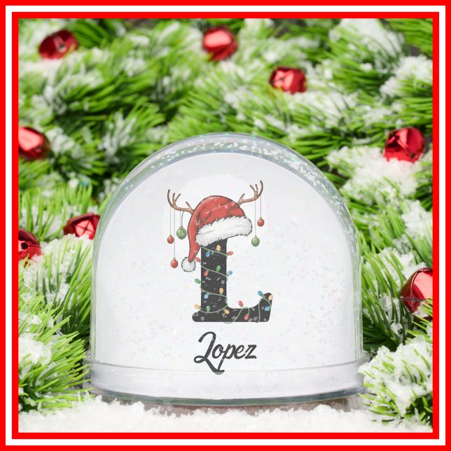Monogram Family Christmas Antlers Santa Hat PHOTO Snow Globe (Creator Uploaded)