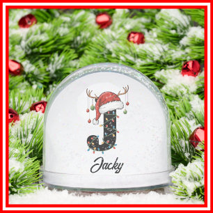 Monogram Family Christmas Antlers Santa Hat PHOTO Snow Globe