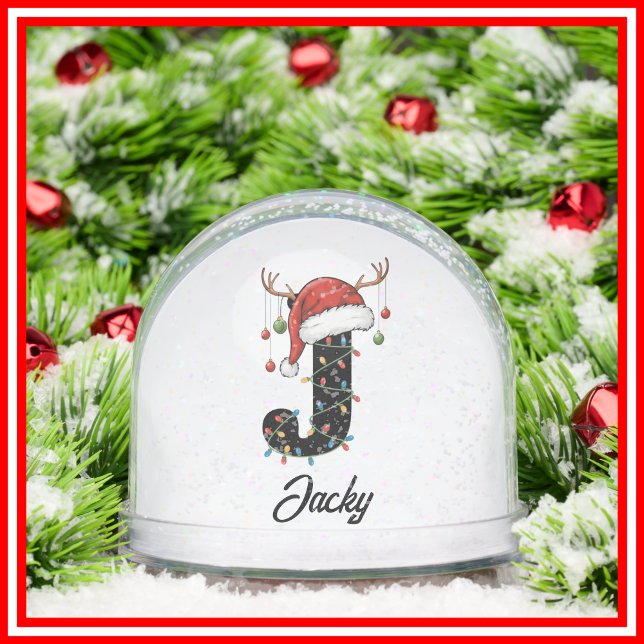 Monogram Family Christmas Antlers Santa Hat PHOTO Snow Globe (Creator Uploaded)