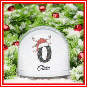 Monogram Family Christmas Antlers Santa Hat PHOTO Snow Globe