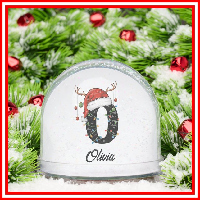 Monogram Family Christmas Antlers Santa Hat PHOTO Snow Globe (Creator Uploaded)