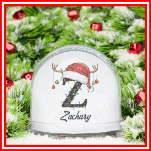 Monogram Family Christmas Antlers Santa Hat PHOTO Snow Globe