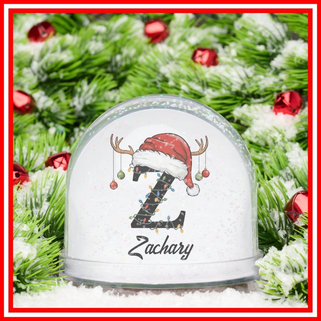 Monogram Family Christmas Antlers Santa Hat PHOTO Snow Globe (Creator Uploaded)