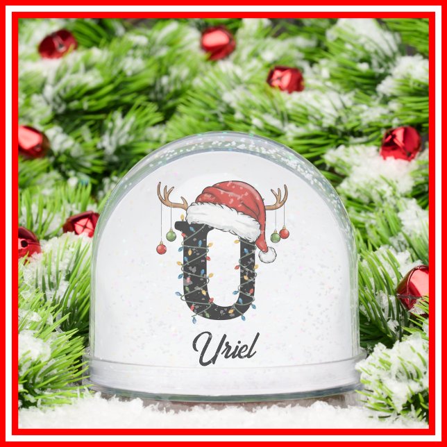 Monogram Family Christmas Antlers Santa Hat PHOTO Snow Globe (Creator Uploaded)