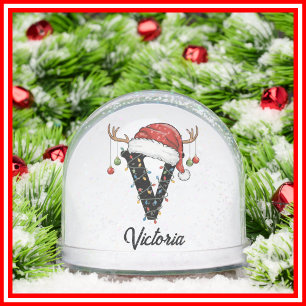 Monogram Family Christmas Antlers Santa Hat PHOTO Snow Globe
