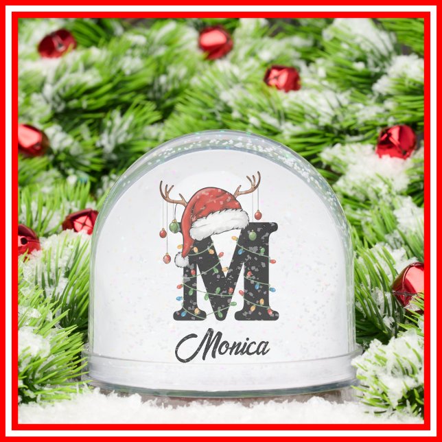 Monogram Family Christmas Antlers Santa Hat PHOTO Snow Globe (Creator Uploaded)