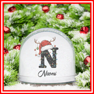 Monogram Family Christmas Antlers Santa Hat PHOTO Snow Globe