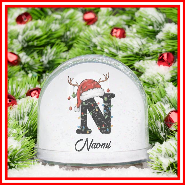Monogram Family Christmas Antlers Santa Hat PHOTO Snow Globe (Creator Uploaded)