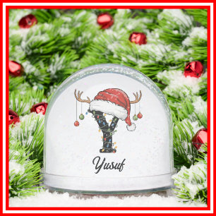Monogram Family Christmas Antlers Santa Hat PHOTO Snow Globe