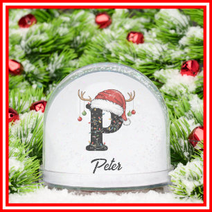 Monogram Family Christmas Antlers Santa Hat PHOTO Snow Globe