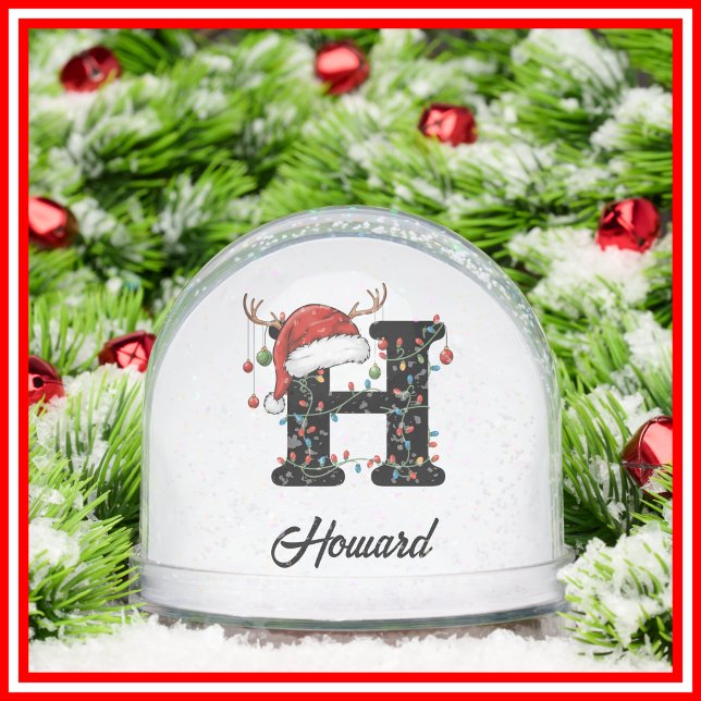 Monogram Family Christmas Antlers Santa Hat PHOTO Snow Globe (Creator Uploaded)