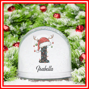 Monogram Family Christmas Antlers Santa Hat PHOTO Snow Globe