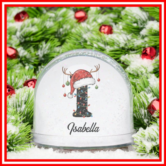 Monogram Family Christmas Antlers Santa Hat PHOTO Snow Globe (Creator Uploaded)