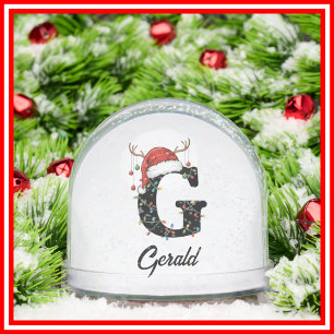 Monogram Family Christmas Antlers Santa Hat PHOTO Snow Globe