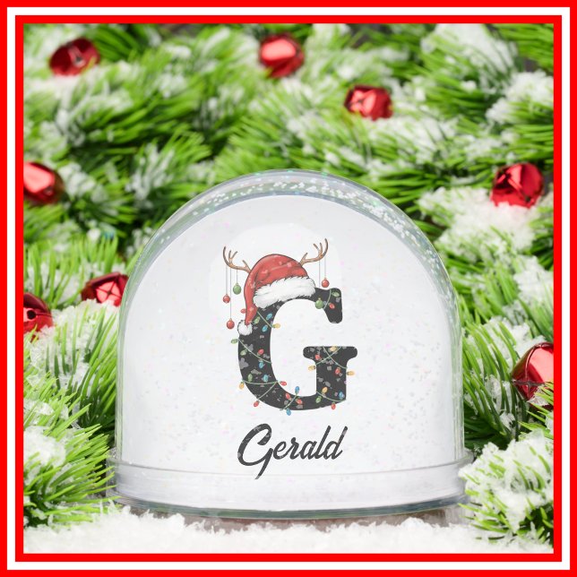 Monogram Family Christmas Antlers Santa Hat PHOTO Snow Globe (Creator Uploaded)