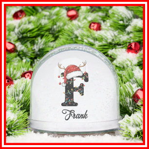 Monogram Family Christmas Antlers Santa Hat PHOTO Snow Globe