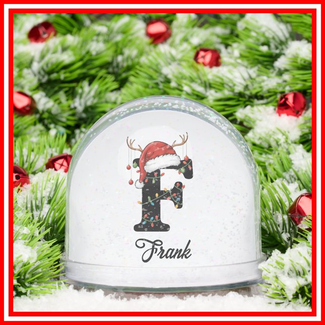 Monogram Family Christmas Antlers Santa Hat PHOTO Snow Globe (Creator Uploaded)