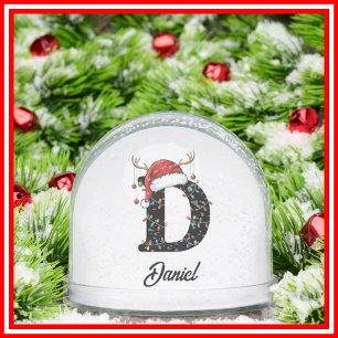 Monogram Family Christmas Antlers Santa Hat PHOTO Snow Globe