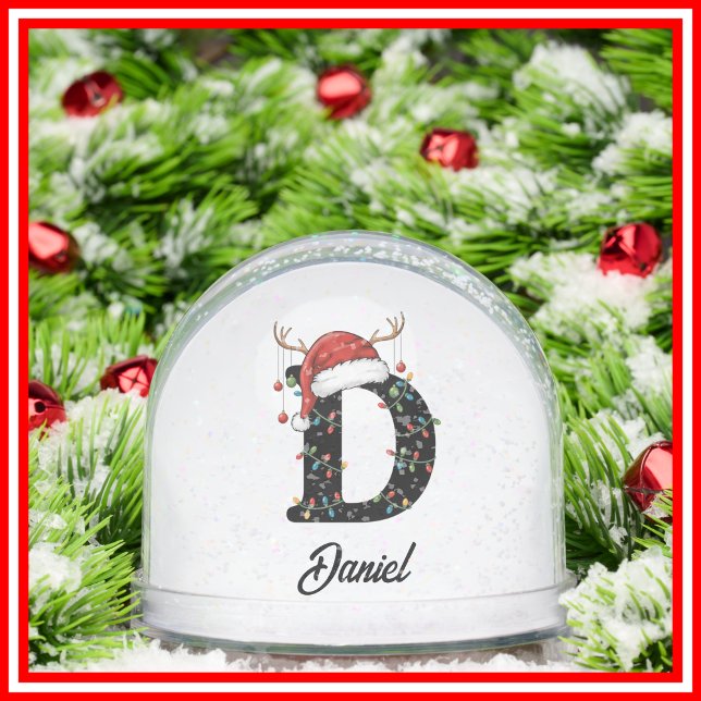 Monogram Family Christmas Antlers Santa Hat PHOTO Snow Globe (Creator Uploaded)