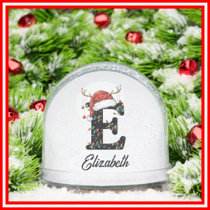 Monogram Family Christmas Antlers Santa Hat PHOTO Snow Globe