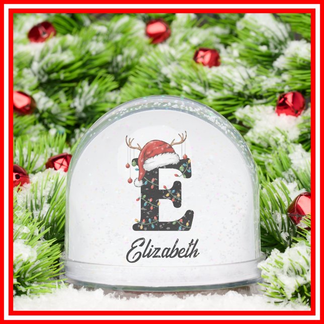 Monogram Family Christmas Antlers Santa Hat PHOTO Snow Globe (Creator Uploaded)