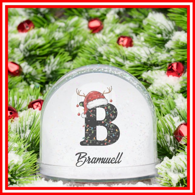 Monogram Family Christmas Antlers Santa Hat PHOTO Snow Globe (Creator Uploaded)