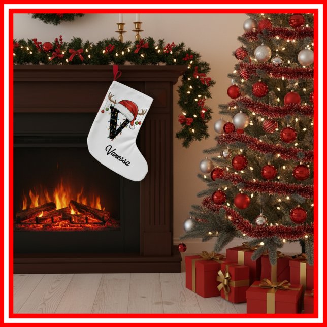 Monogram Family Christmas Antlers Santa Hat Small Small Christmas Stocking (Creator Uploaded)